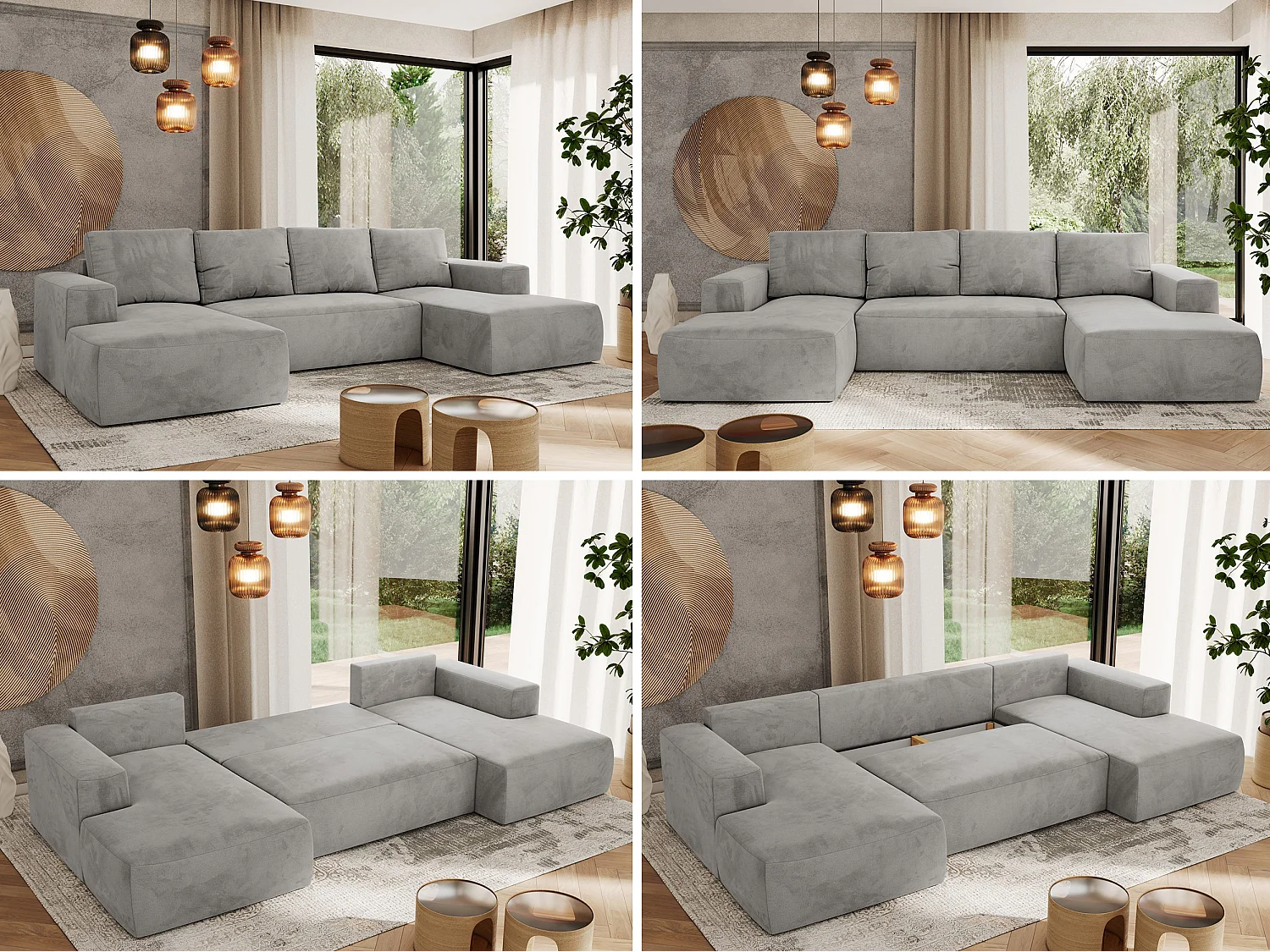 Ecksofa TRENTINO U - mit Schlaffunktion und Bettkasten, U-förmiges Wohnlandschaft, Armlehnen - Hellgrau Velvet