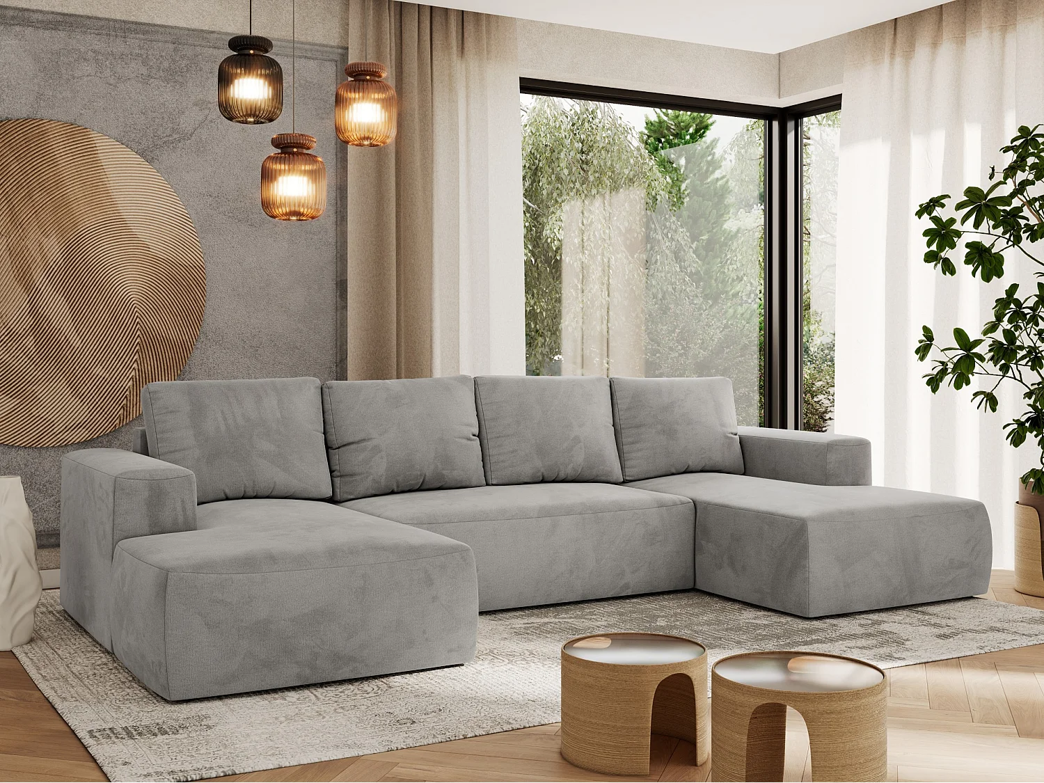 Ecksofa TRENTINO U - mit Schlaffunktion und Bettkasten, U-förmiges Wohnlandschaft, Armlehnen - Hellgrau Velvet