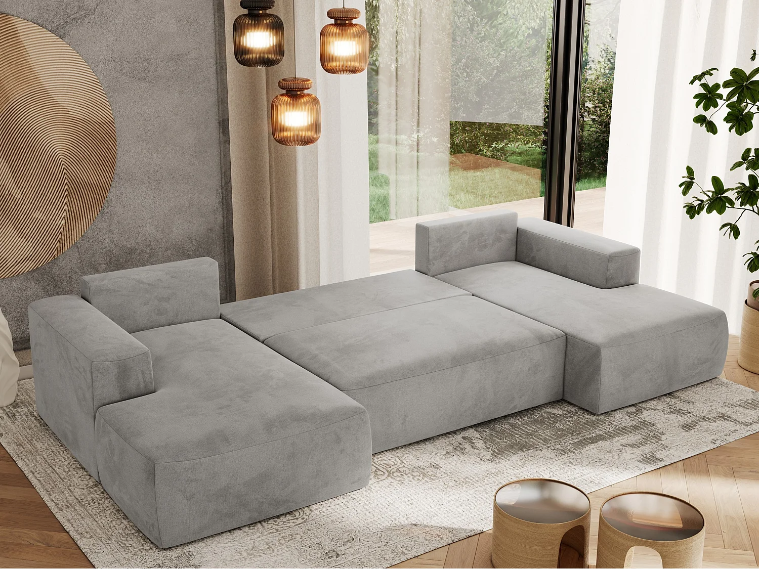 Ecksofa TRENTINO U - mit Schlaffunktion und Bettkasten, U-förmiges Wohnlandschaft, Armlehnen - Hellgrau Velvet