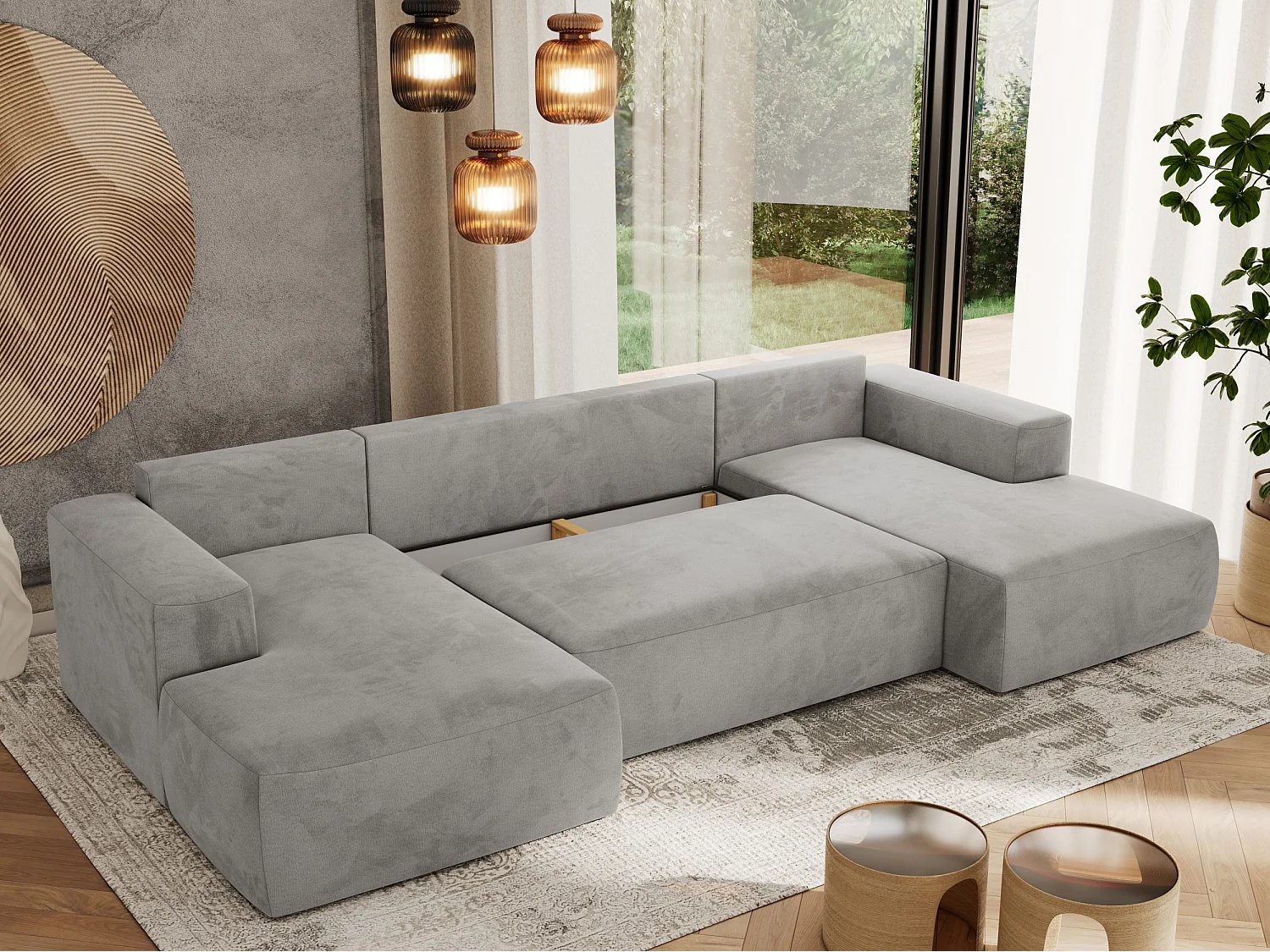 Ecksofa TRENTINO U - mit Schlaffunktion und Bettkasten, U-förmiges Wohnlandschaft, Armlehnen - Hellgrau Velvet