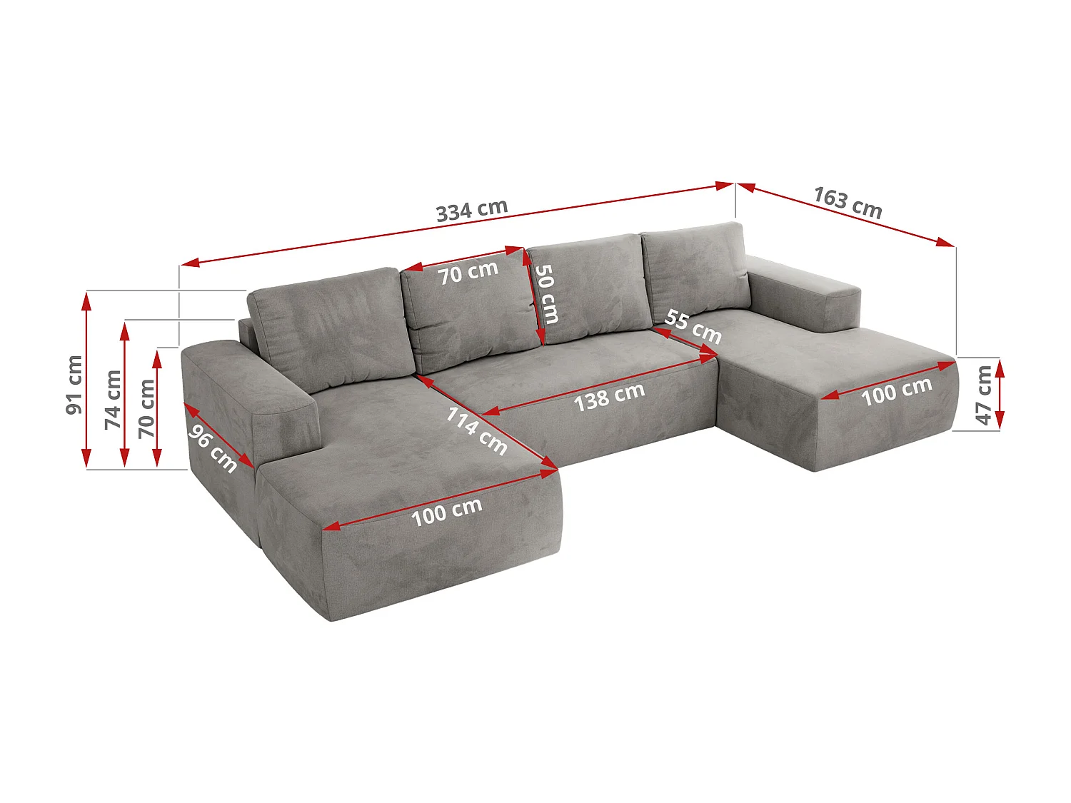 Ecksofa TRENTINO U - mit Schlaffunktion und Bettkasten, U-förmiges Wohnlandschaft, Armlehnen - Hellgrau Velvet