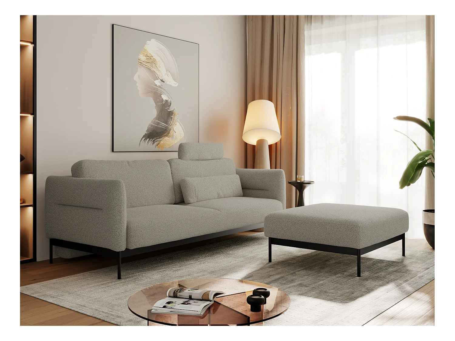 Ecksofa SALENTO - mit Metallbeine, Schlafsofa, mobilen Fußhocker, lose Kissen - Hellgrau Boucle