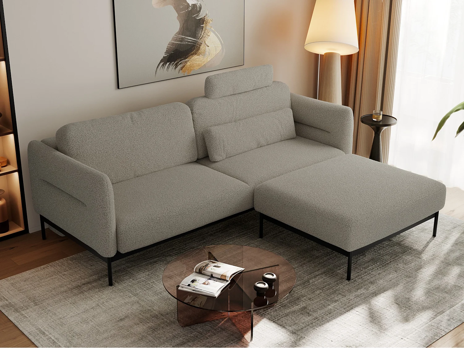 Ecksofa SALENTO - mit Metallbeine, Schlafsofa, mobilen Fußhocker, lose Kissen - Hellgrau Boucle