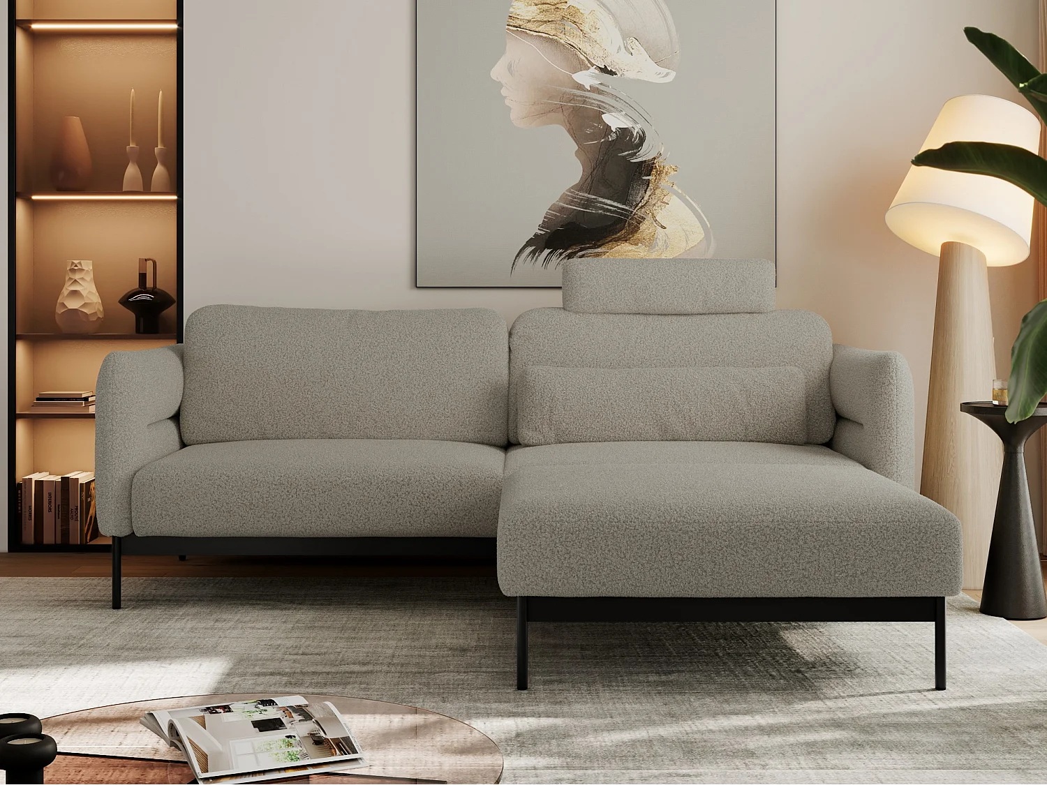 Ecksofa SALENTO - mit Metallbeine, Schlafsofa, mobilen Fußhocker, lose Kissen - Hellgrau Boucle