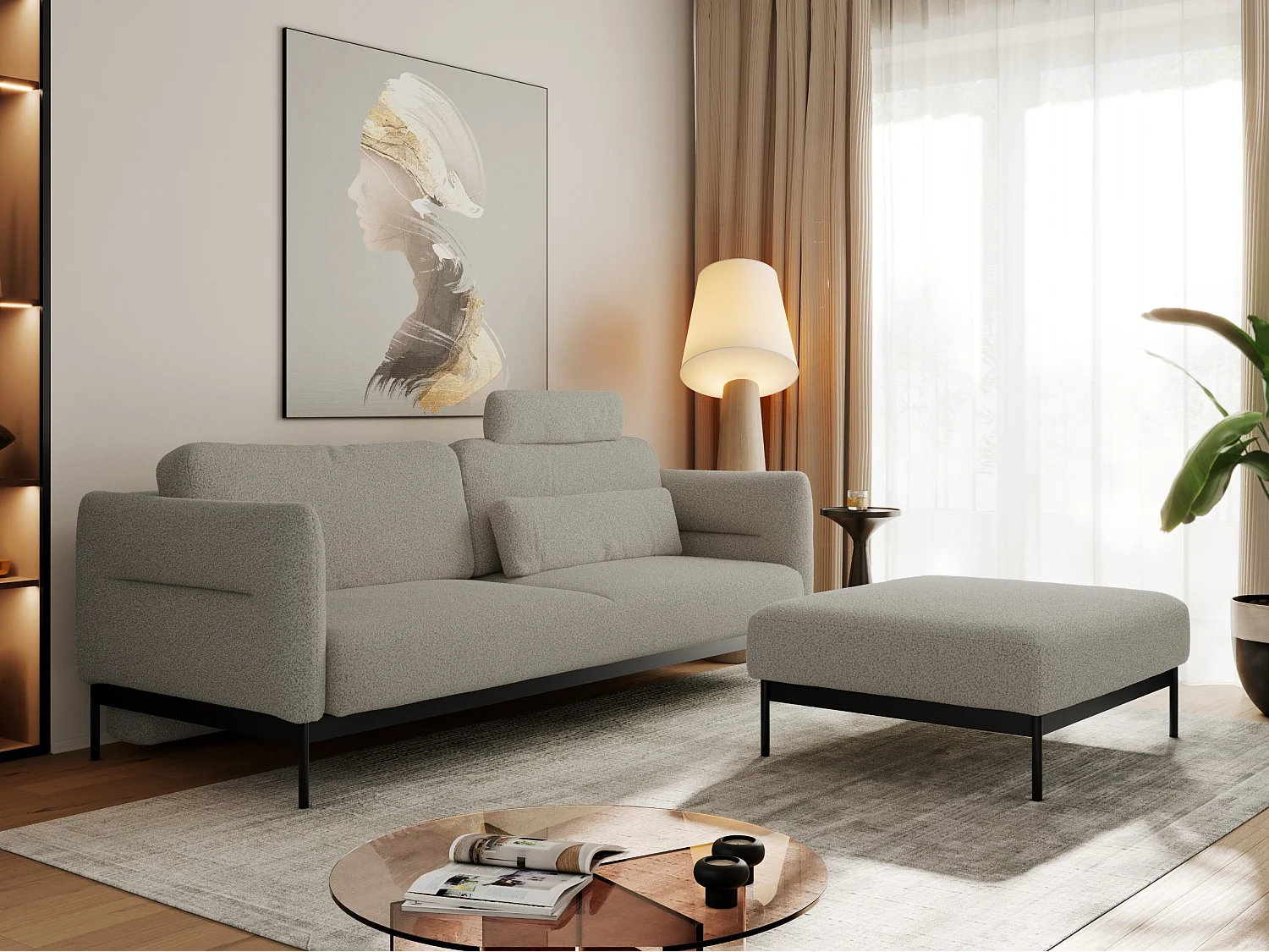 Ecksofa SALENTO - mit Metallbeine, Schlafsofa, mobilen Fußhocker, lose Kissen - Hellgrau Boucle