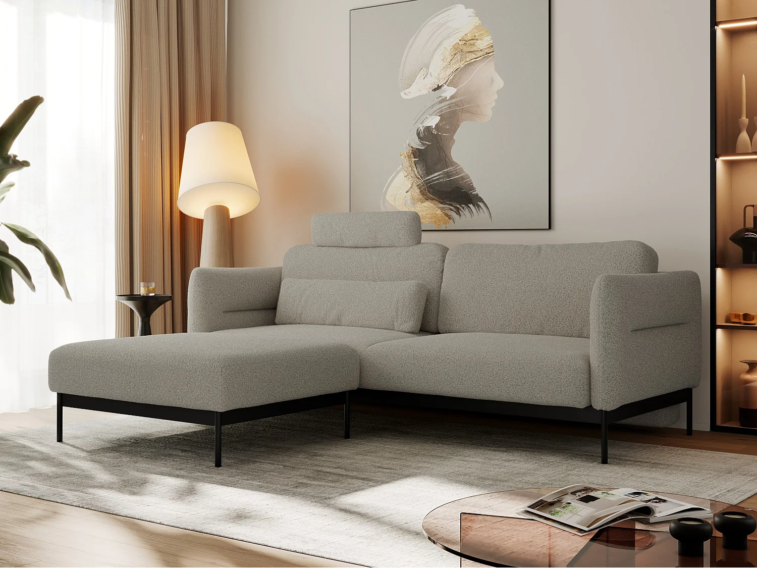 Ecksofa SALENTO - mit Metallbeine, Schlafsofa, mobilen Fußhocker, lose Kissen - Hellgrau Boucle