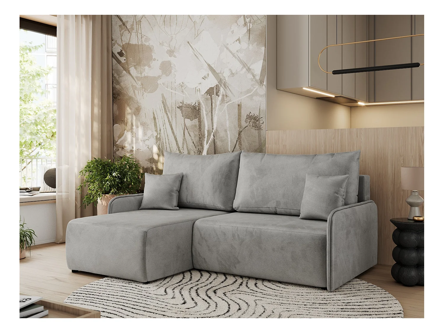 Ecksofa ARPA - L-form Schlaffsofa, Bettkasten und lose Kissen, Armlehnen - Hellgrau Velvet - Ecke Links