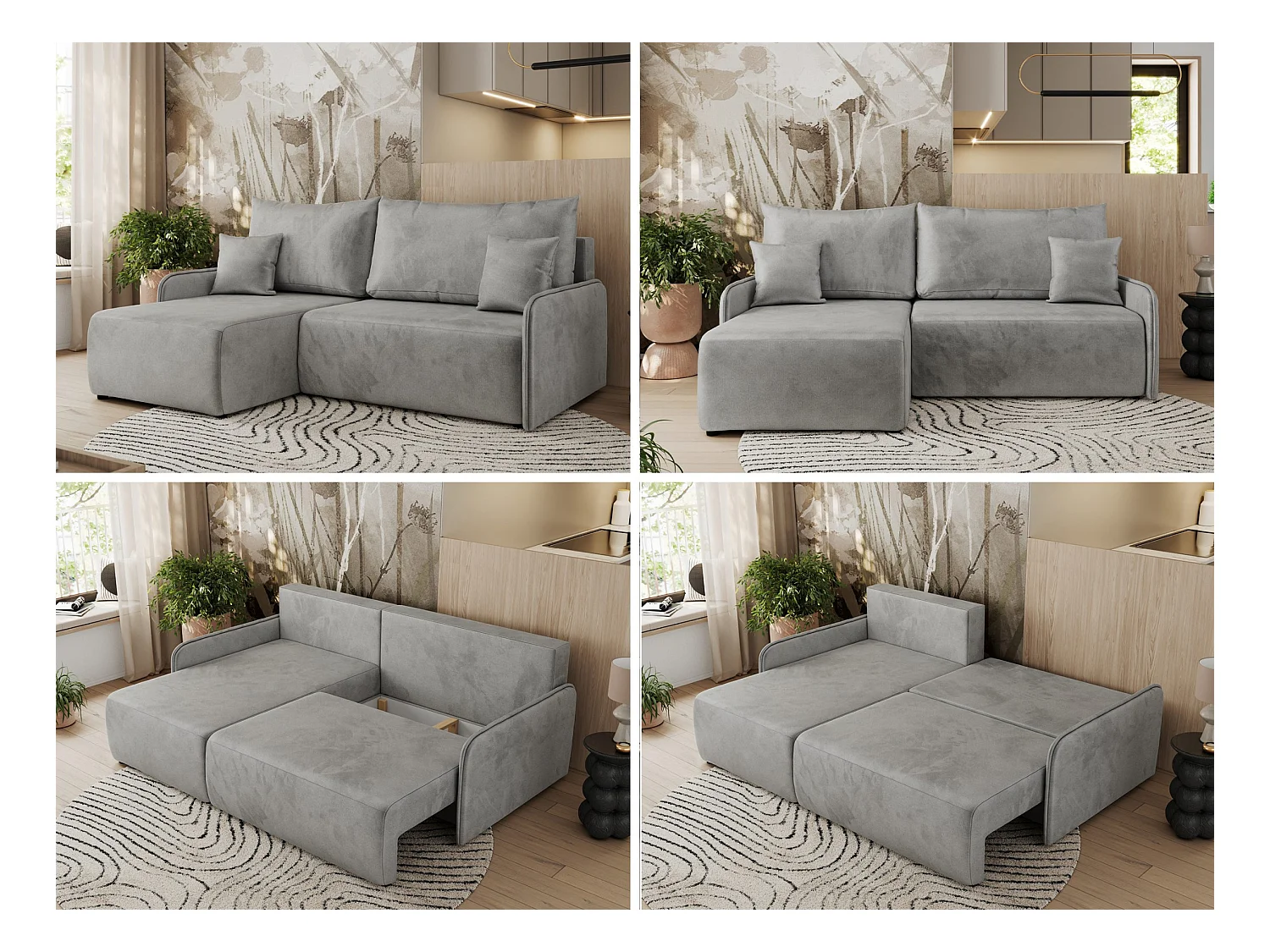 Ecksofa ARPA - L-form Schlaffsofa, Bettkasten und lose Kissen, Armlehnen - Hellgrau Velvet - Ecke Links
