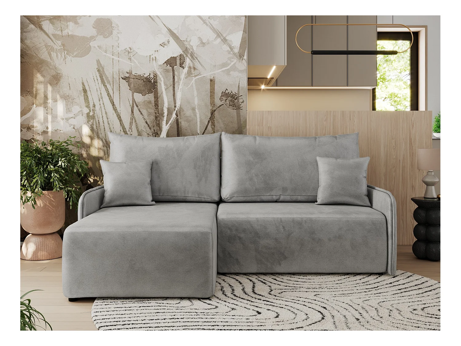 Ecksofa ARPA - L-form Schlaffsofa, Bettkasten und lose Kissen, Armlehnen - Hellgrau Velvet - Ecke Links