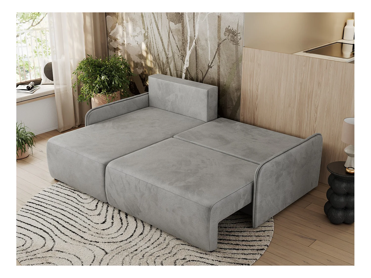 Ecksofa ARPA - L-form Schlaffsofa, Bettkasten und lose Kissen, Armlehnen - Hellgrau Velvet - Ecke Links