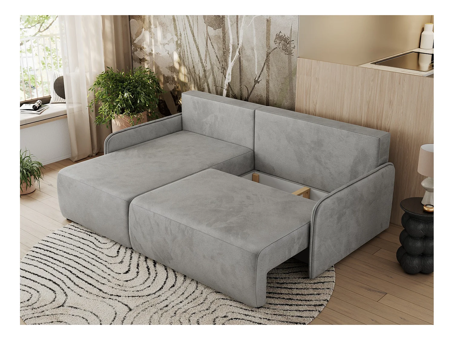 Ecksofa ARPA - L-form Schlaffsofa, Bettkasten und lose Kissen, Armlehnen - Hellgrau Velvet - Ecke Links