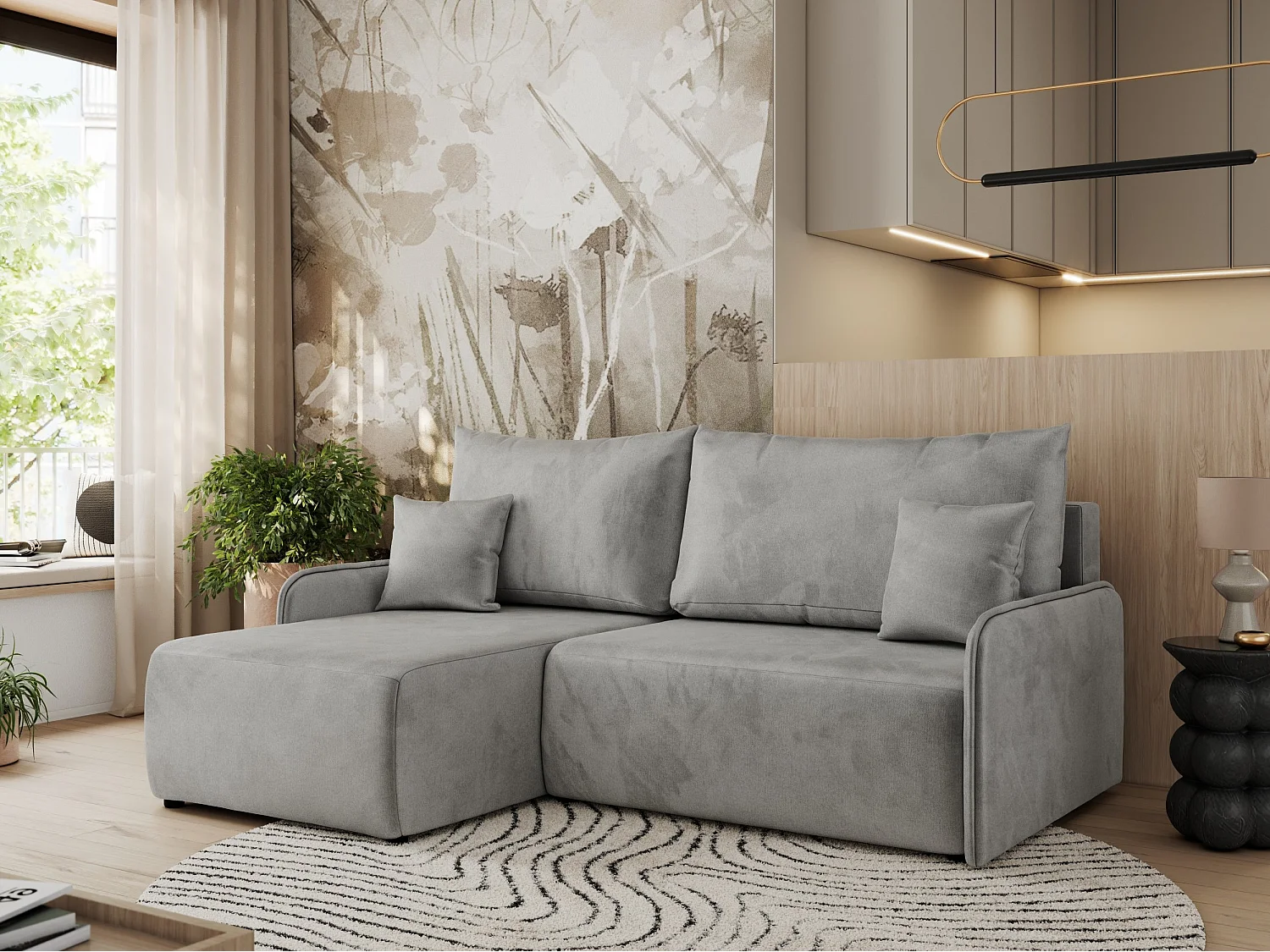 Ecksofa ARPA - L-form Schlaffsofa, Bettkasten und lose Kissen, Armlehnen - Hellgrau Velvet - Ecke Links