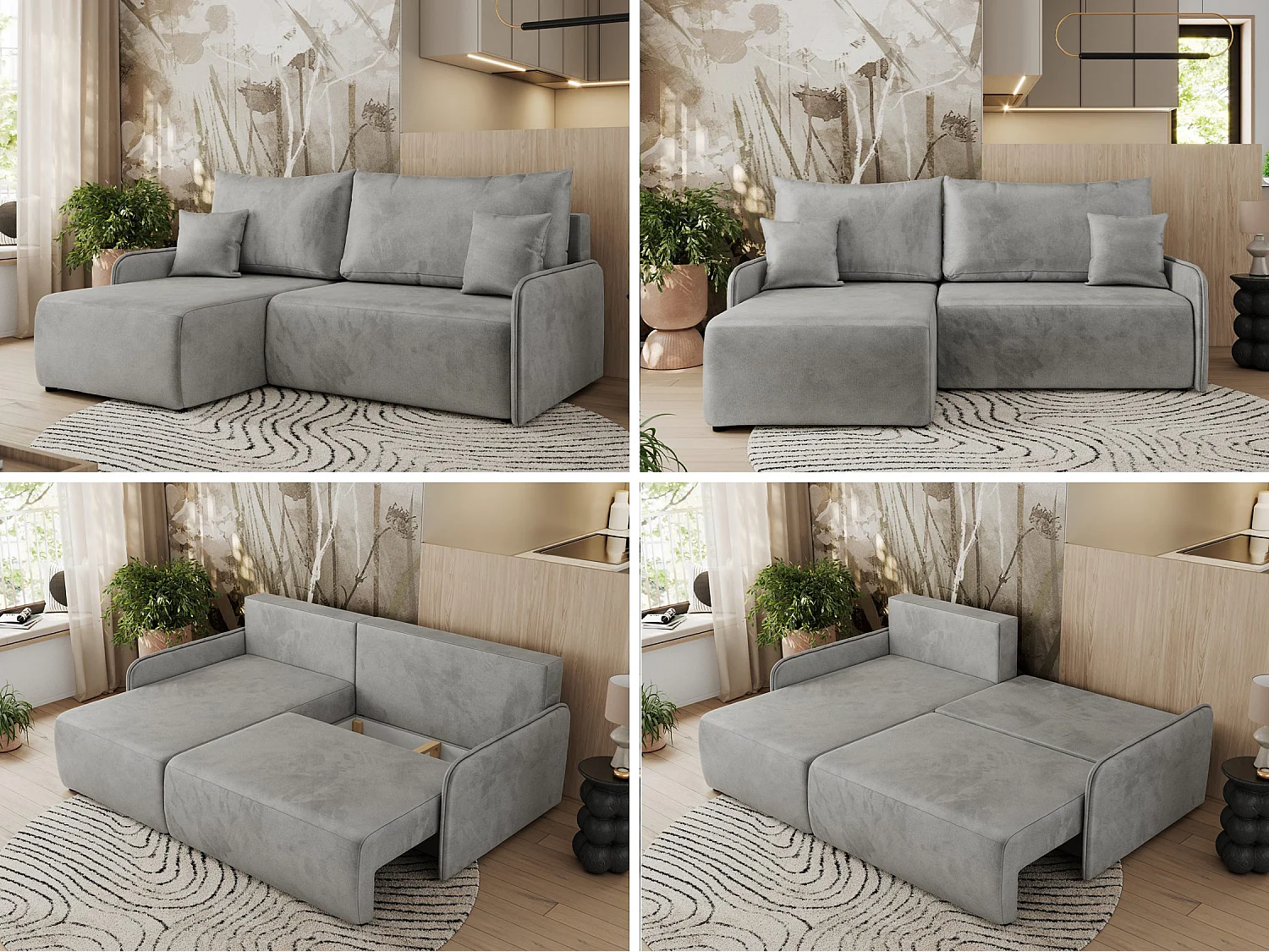Ecksofa ARPA - L-form Schlaffsofa, Bettkasten und lose Kissen, Armlehnen - Hellgrau Velvet - Ecke Links