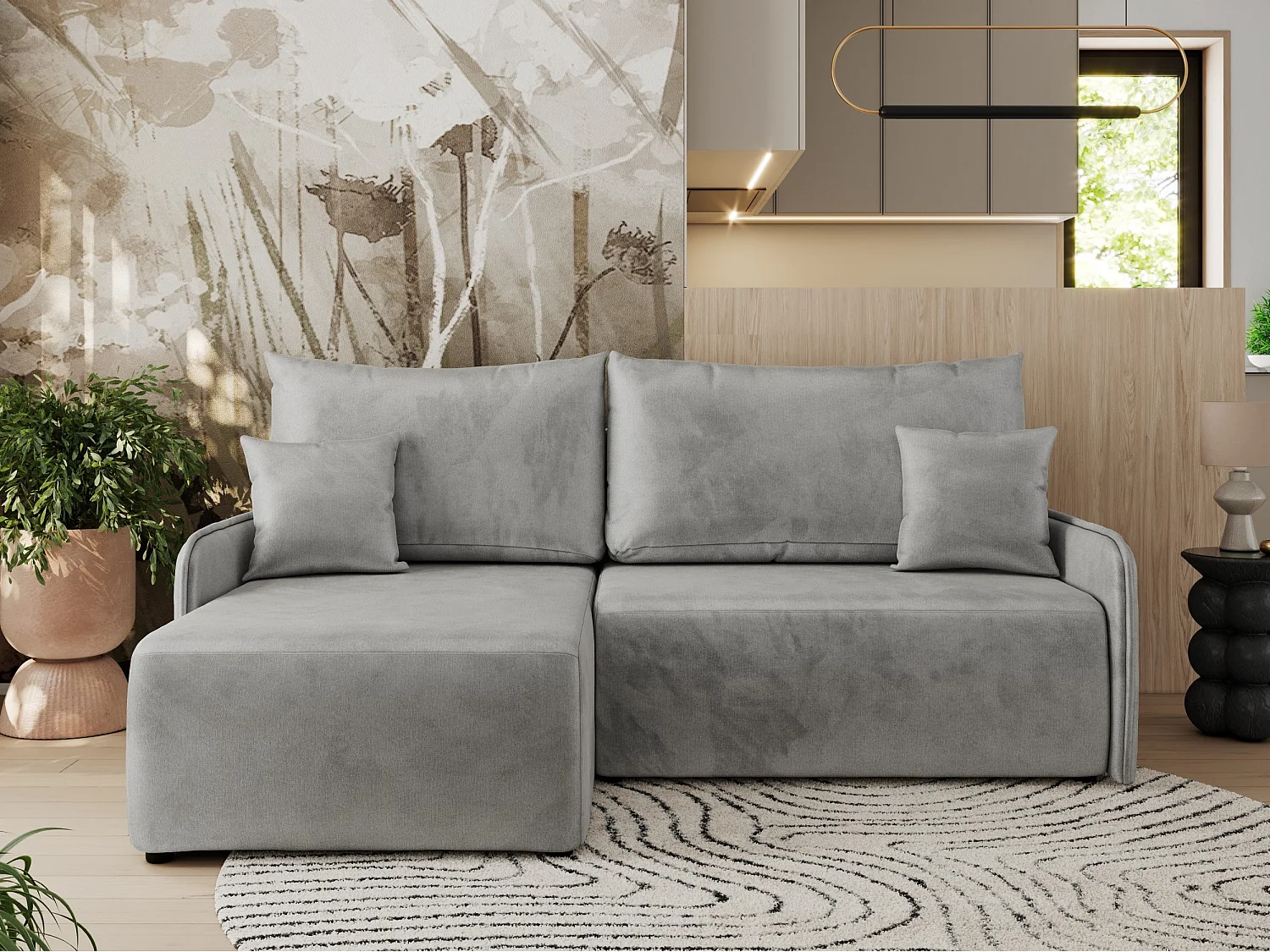 Ecksofa ARPA - L-form Schlaffsofa, Bettkasten und lose Kissen, Armlehnen - Hellgrau Velvet - Ecke Links