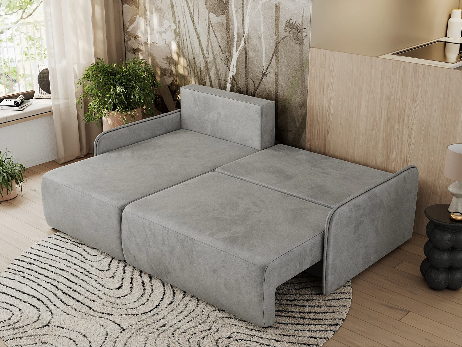 Ecksofa ARPA - L-form Schlaffsofa, Bettkasten und lose Kissen, Armlehnen - Hellgrau Velvet - Ecke Links