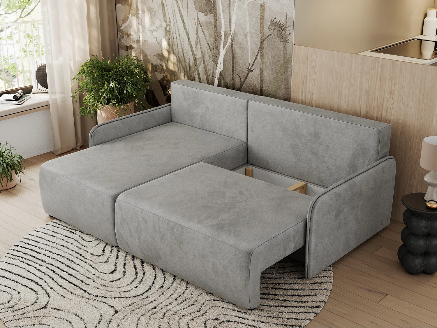 Ecksofa ARPA - L-form Schlaffsofa, Bettkasten und lose Kissen, Armlehnen - Hellgrau Velvet - Ecke Links