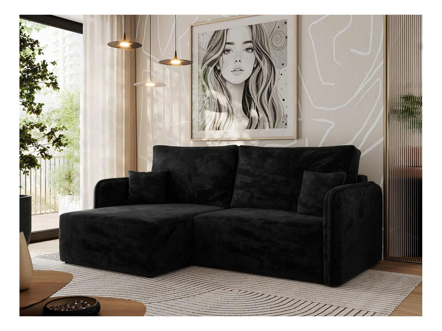 Ecksofa MESTO - Schlaffunktion und Bettkasten, L-form Couch für das Wohnzimmer, Armlehnen - Schwarz Plüsch - Ecke Links