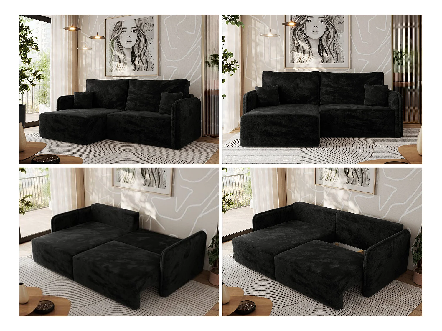 Ecksofa MESTO - Schlaffunktion und Bettkasten, L-form Couch für das Wohnzimmer, Armlehnen - Schwarz Plüsch - Ecke Links