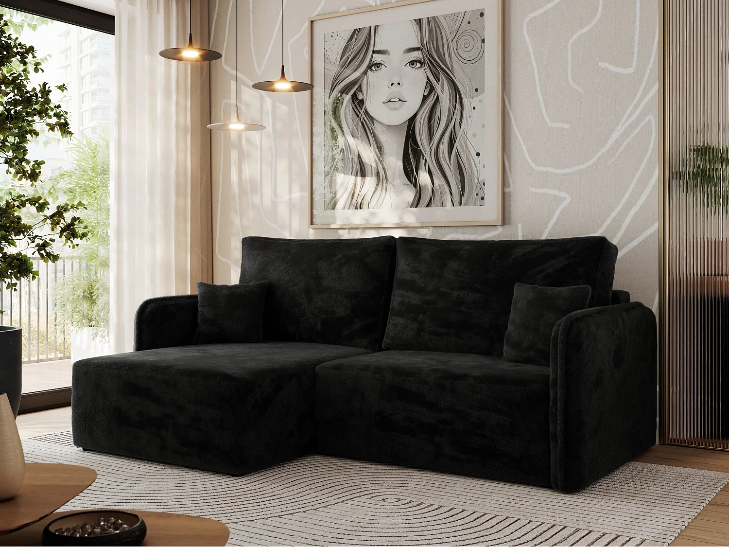 Ecksofa MESTO - Schlaffunktion und Bettkasten, L-form Couch für das Wohnzimmer, Armlehnen - Schwarz Plüsch - Ecke Links