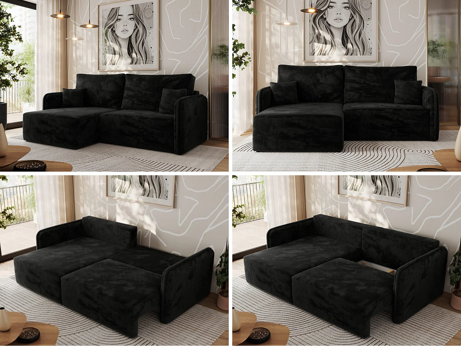 Ecksofa MESTO - Schlaffunktion und Bettkasten, L-form Couch für das Wohnzimmer, Armlehnen - Schwarz Plüsch - Ecke Links