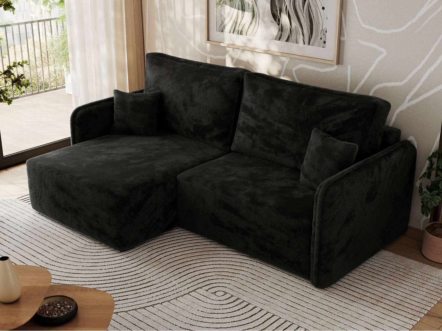 Ecksofa MESTO - Schlaffunktion und Bettkasten, L-form Couch für das Wohnzimmer, Armlehnen - Schwarz Plüsch - Ecke Links