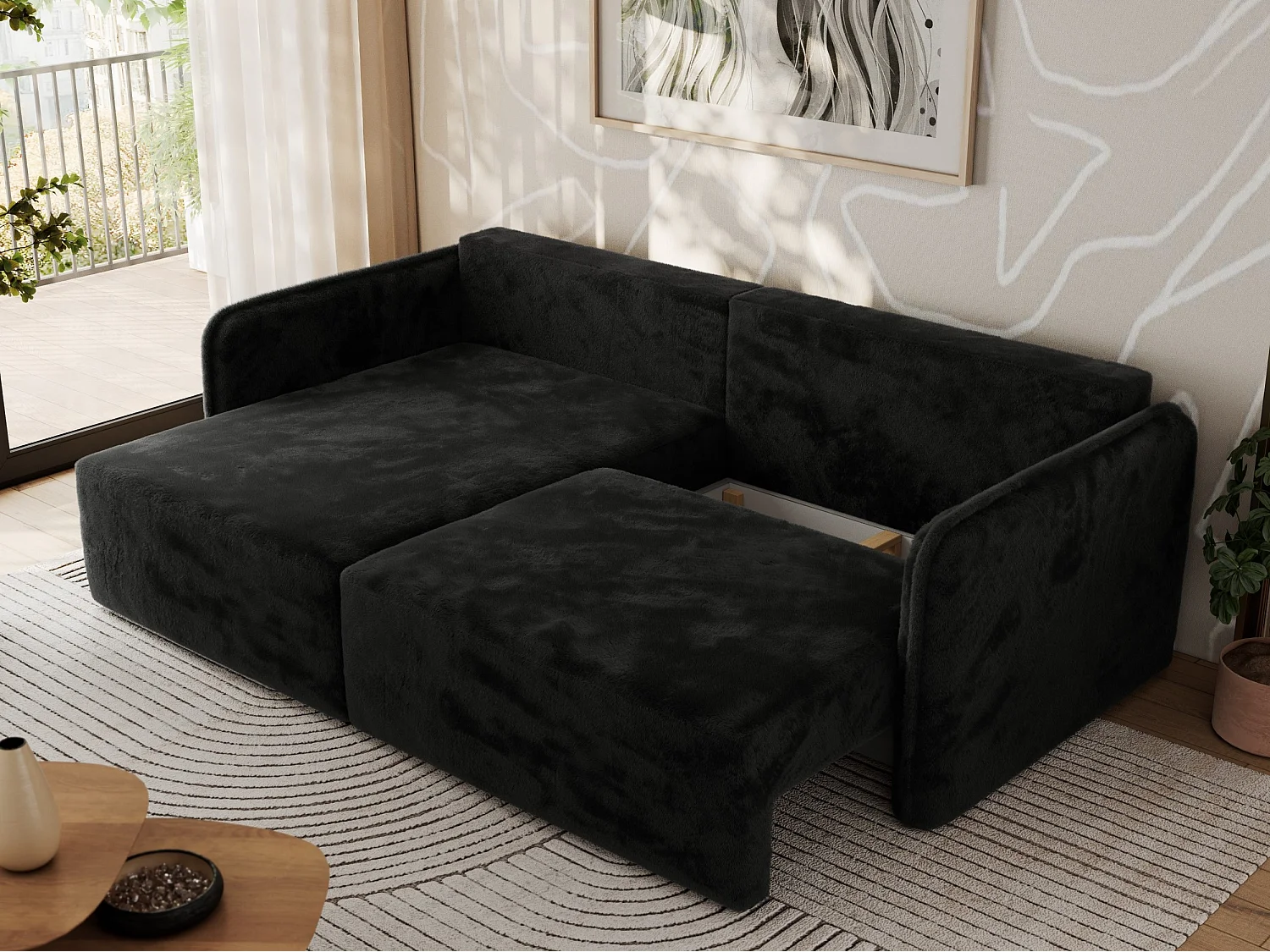 Ecksofa MESTO - Schlaffunktion und Bettkasten, L-form Couch für das Wohnzimmer, Armlehnen - Schwarz Plüsch - Ecke Links