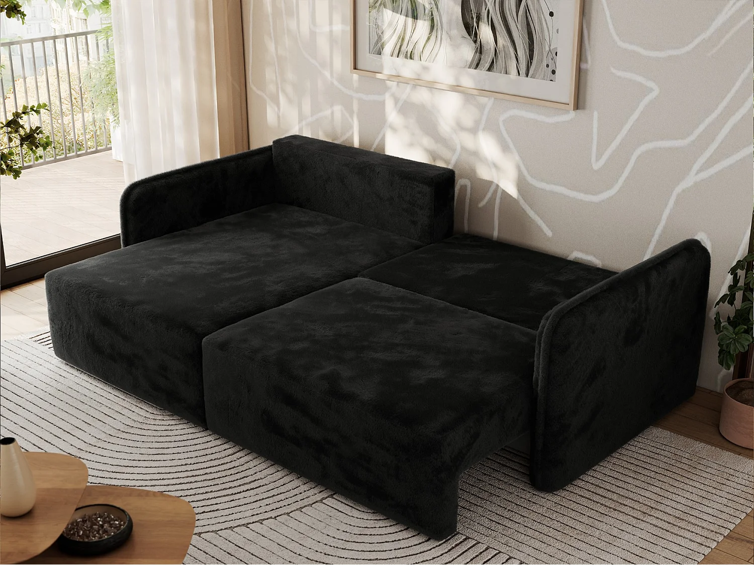 Ecksofa MESTO - Schlaffunktion und Bettkasten, L-form Couch für das Wohnzimmer, Armlehnen - Schwarz Plüsch - Ecke Links