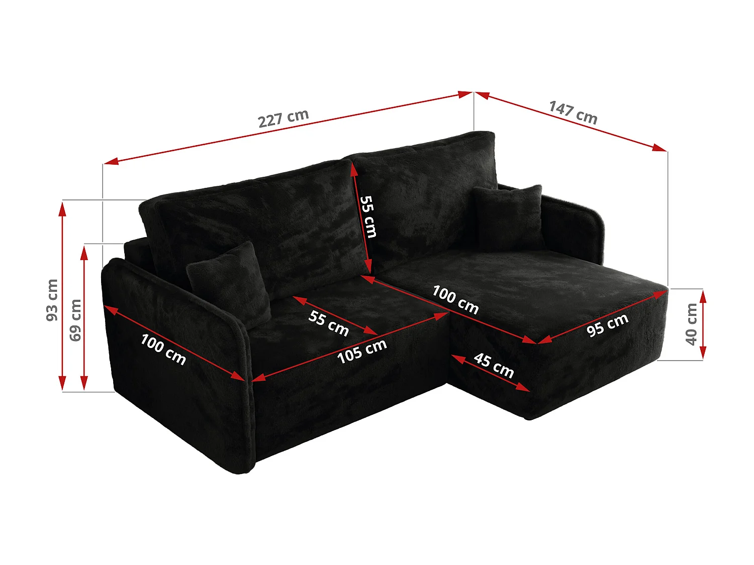 Ecksofa MESTO - Schlaffunktion und Bettkasten, L-form Couch für das Wohnzimmer, Armlehnen - Schwarz Plüsch - Ecke Links