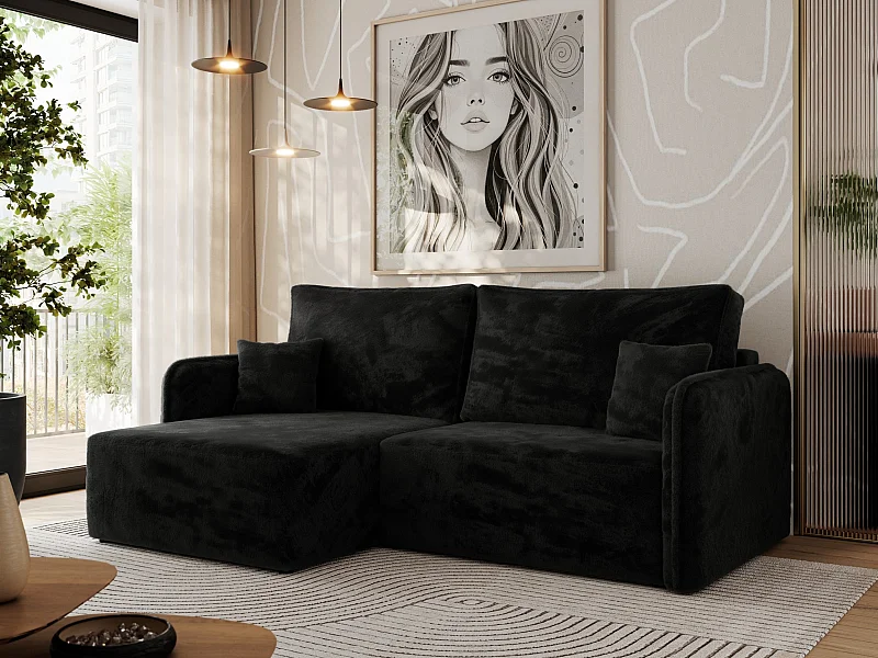 Ecksofa MESTO - Schlaffunktion und Bettkasten, L-form Couch für das Wohnzimmer, Armlehnen - Schwarz Plüsch - Ecke Links