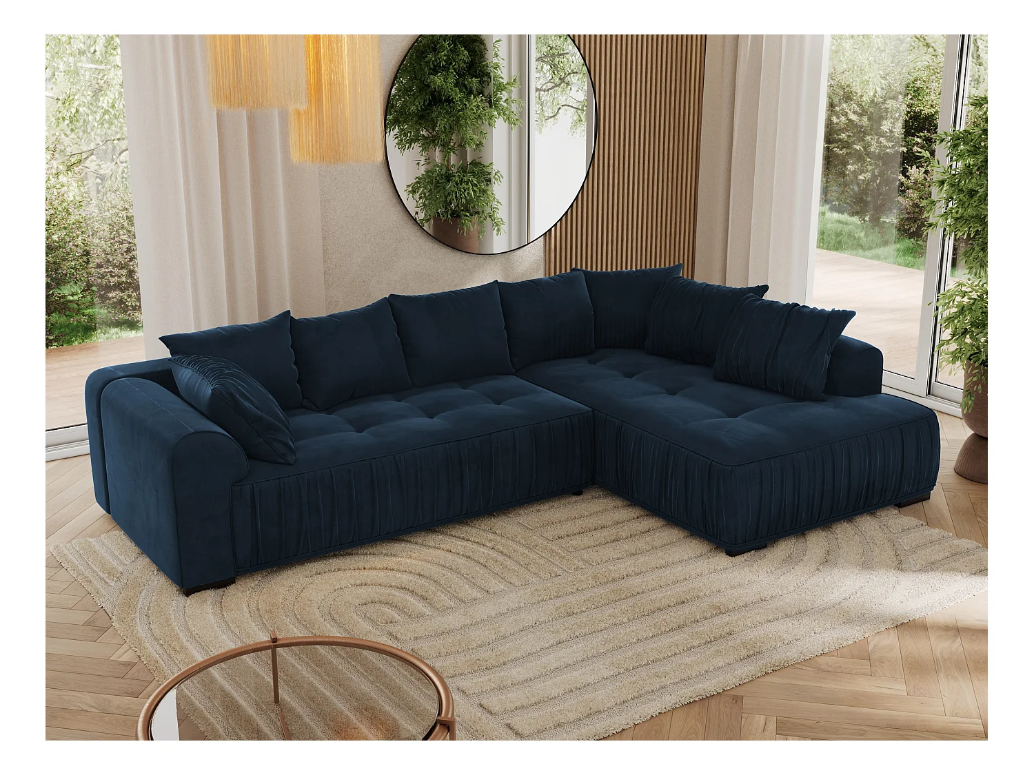 Ecksofa ORTA - Schlaffunktion und Bettkasten, lose Kissen, gesteppter Sitz, L-förmige Ecke - Dunkelblau Velvet - Ecke Rechts