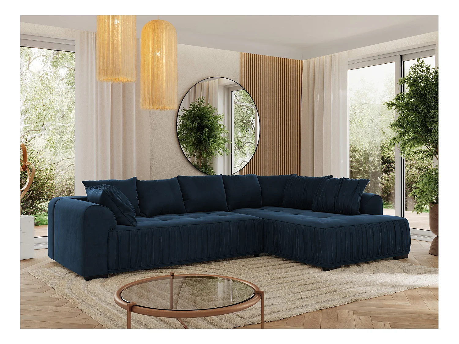 Ecksofa ORTA - Schlaffunktion und Bettkasten, lose Kissen, gesteppter Sitz, L-förmige Ecke - Dunkelblau Velvet - Ecke Rechts