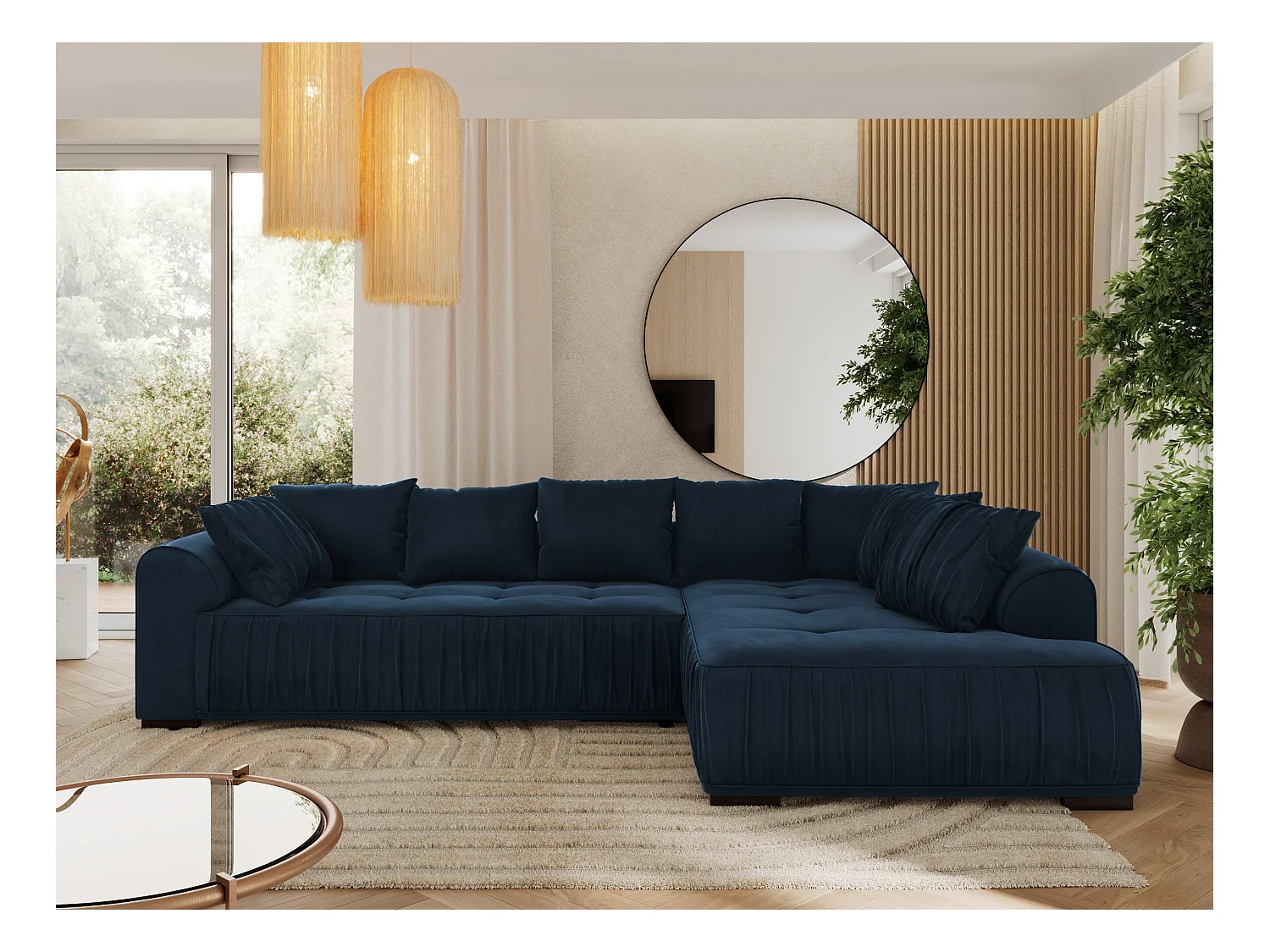Ecksofa ORTA - Schlaffunktion und Bettkasten, lose Kissen, gesteppter Sitz, L-förmige Ecke - Dunkelblau Velvet - Ecke Rechts