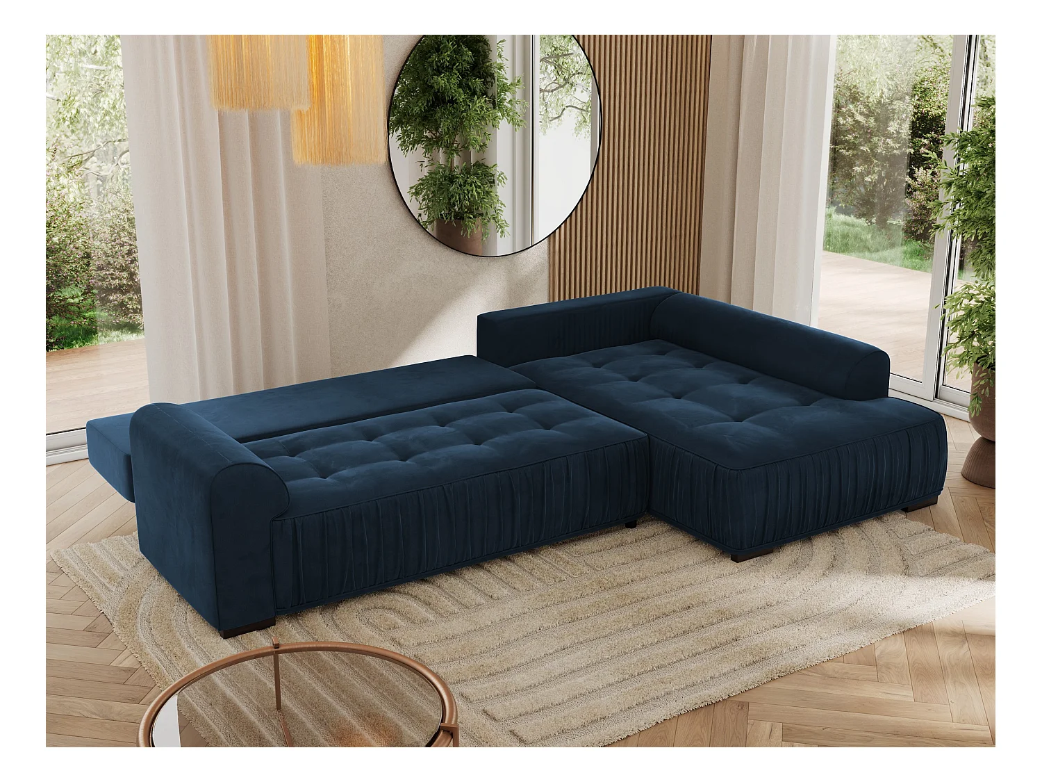 Ecksofa ORTA - Schlaffunktion und Bettkasten, lose Kissen, gesteppter Sitz, L-förmige Ecke - Dunkelblau Velvet - Ecke Rechts