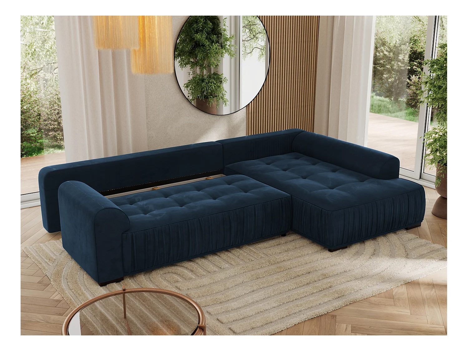 Ecksofa ORTA - Schlaffunktion und Bettkasten, lose Kissen, gesteppter Sitz, L-förmige Ecke - Dunkelblau Velvet - Ecke Rechts