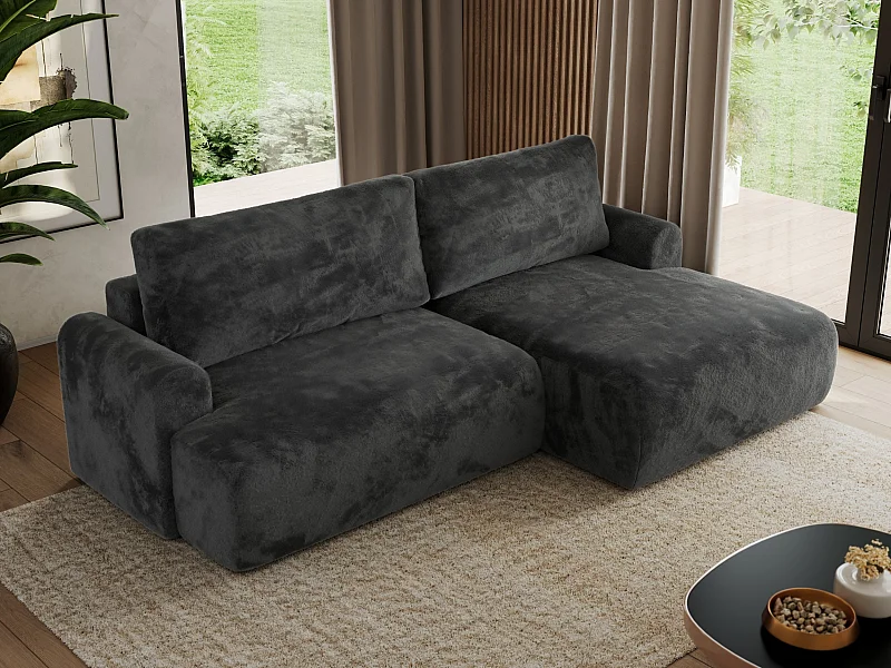 Ecksofa TONO - mit Schlaffunktion und Bettkasten, L-form Ecke, Armlehnen - Dunkelgrau Plüsch - Ecke Rechts