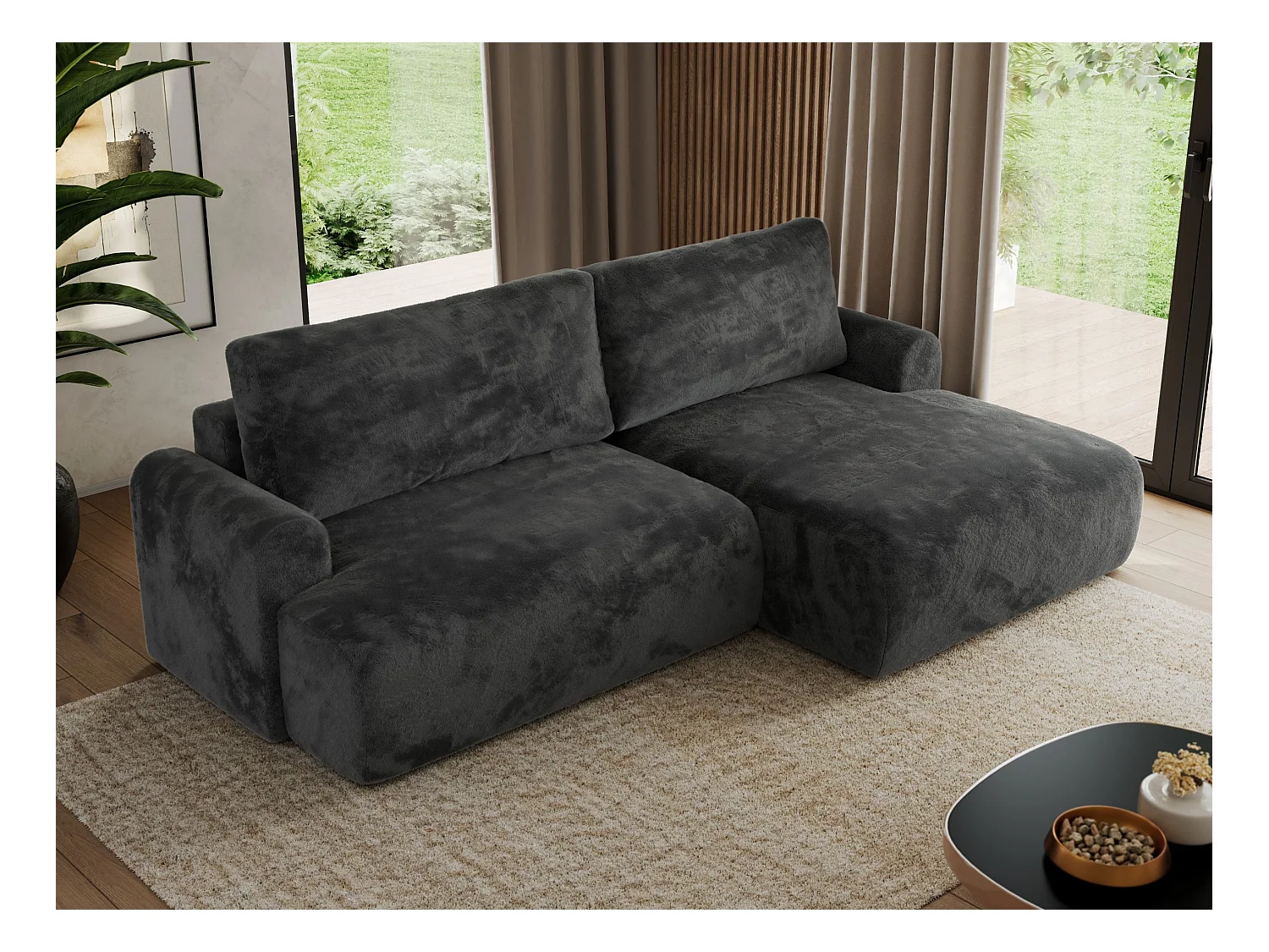 Ecksofa TONO - mit Schlaffunktion und Bettkasten, L-form Ecke, Armlehnen - Dunkelgrau Plüsch - Ecke Rechts