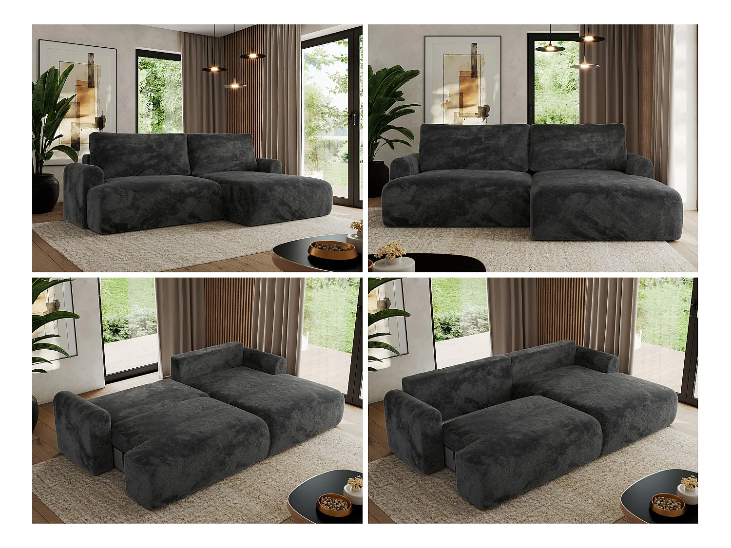 Ecksofa TONO - mit Schlaffunktion und Bettkasten, L-form Ecke, Armlehnen - Dunkelgrau Plüsch - Ecke Rechts