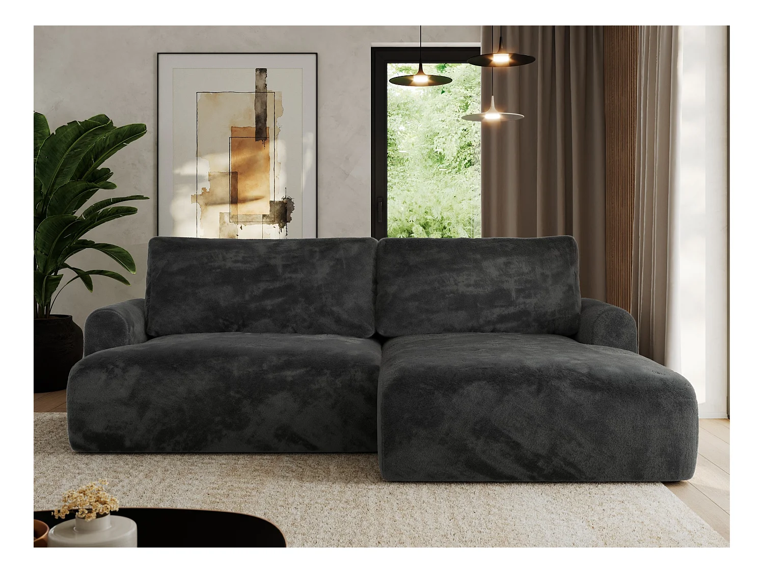 Ecksofa TONO - mit Schlaffunktion und Bettkasten, L-form Ecke, Armlehnen - Dunkelgrau Plüsch - Ecke Rechts