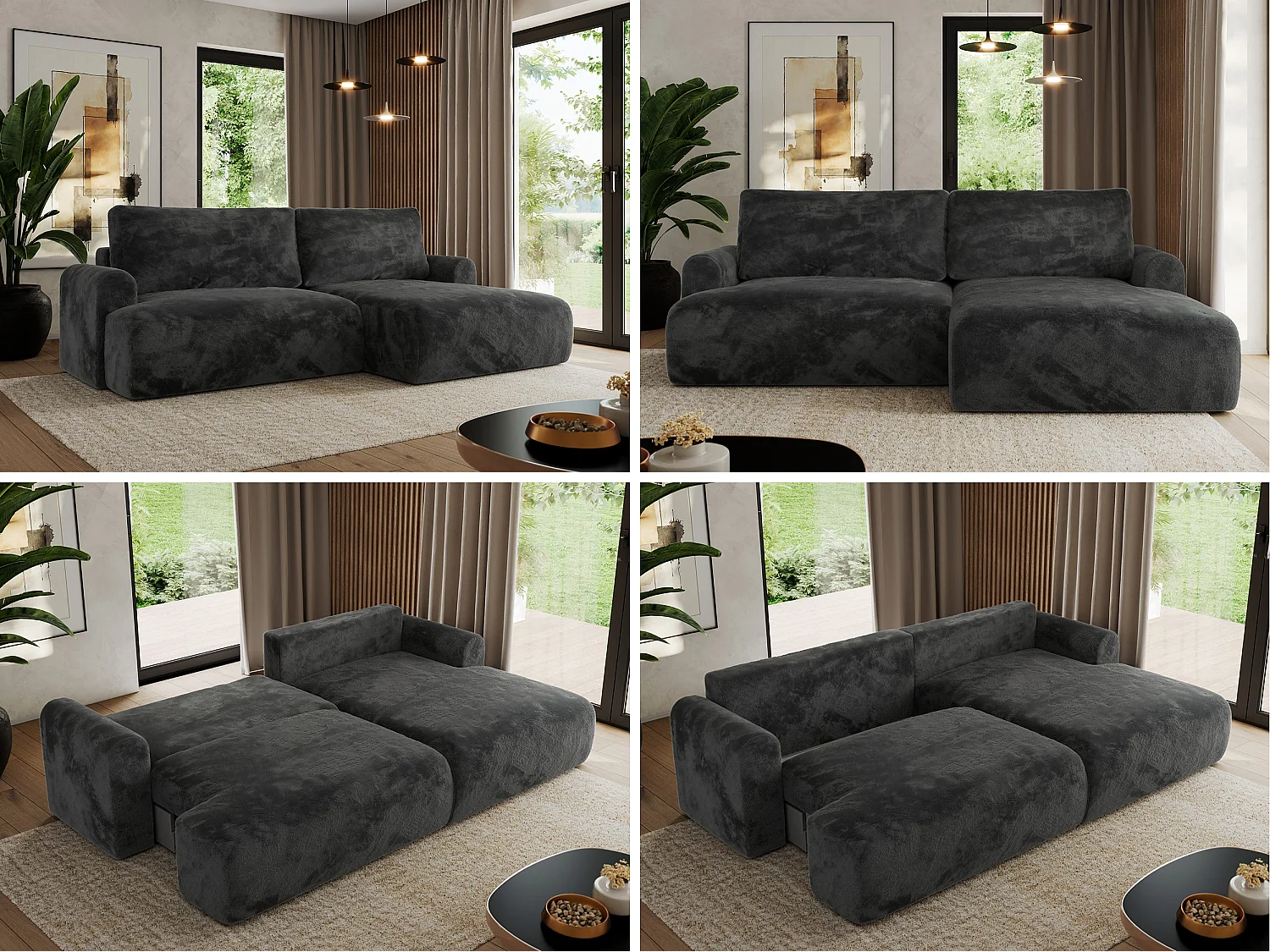 Ecksofa TONO - mit Schlaffunktion und Bettkasten, L-form Ecke, Armlehnen - Dunkelgrau Plüsch - Ecke Rechts