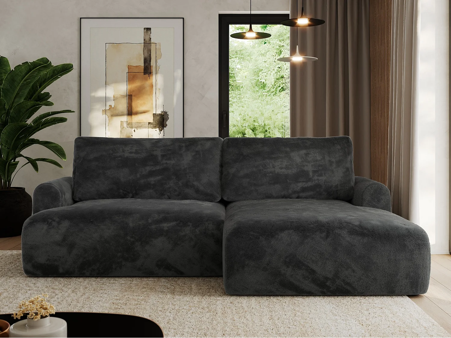 Ecksofa TONO - mit Schlaffunktion und Bettkasten, L-form Ecke, Armlehnen - Dunkelgrau Plüsch - Ecke Rechts