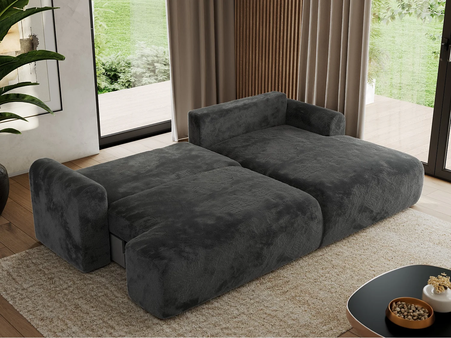 Ecksofa TONO - mit Schlaffunktion und Bettkasten, L-form Ecke, Armlehnen - Dunkelgrau Plüsch - Ecke Rechts