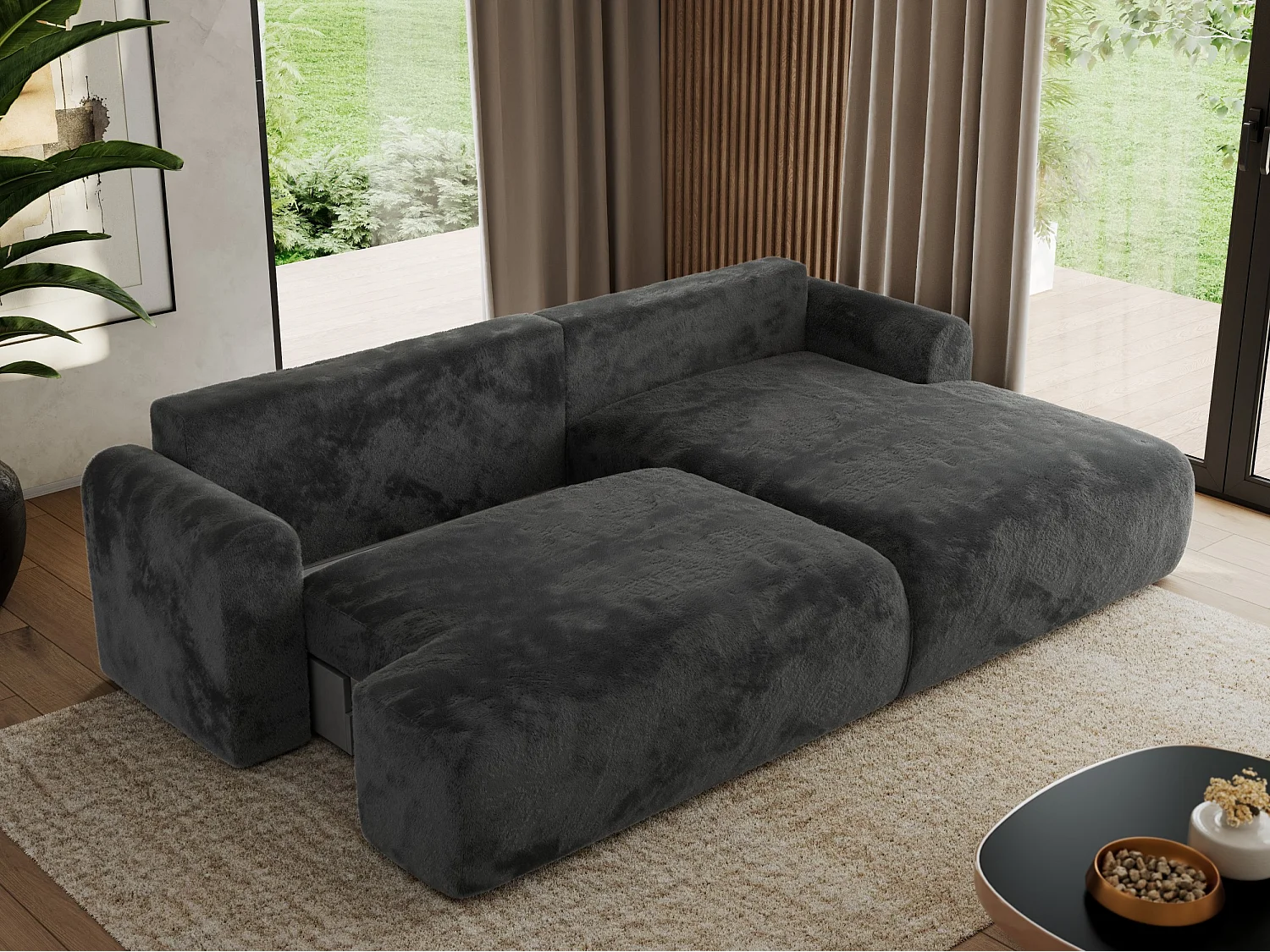 Ecksofa TONO - mit Schlaffunktion und Bettkasten, L-form Ecke, Armlehnen - Dunkelgrau Plüsch - Ecke Rechts