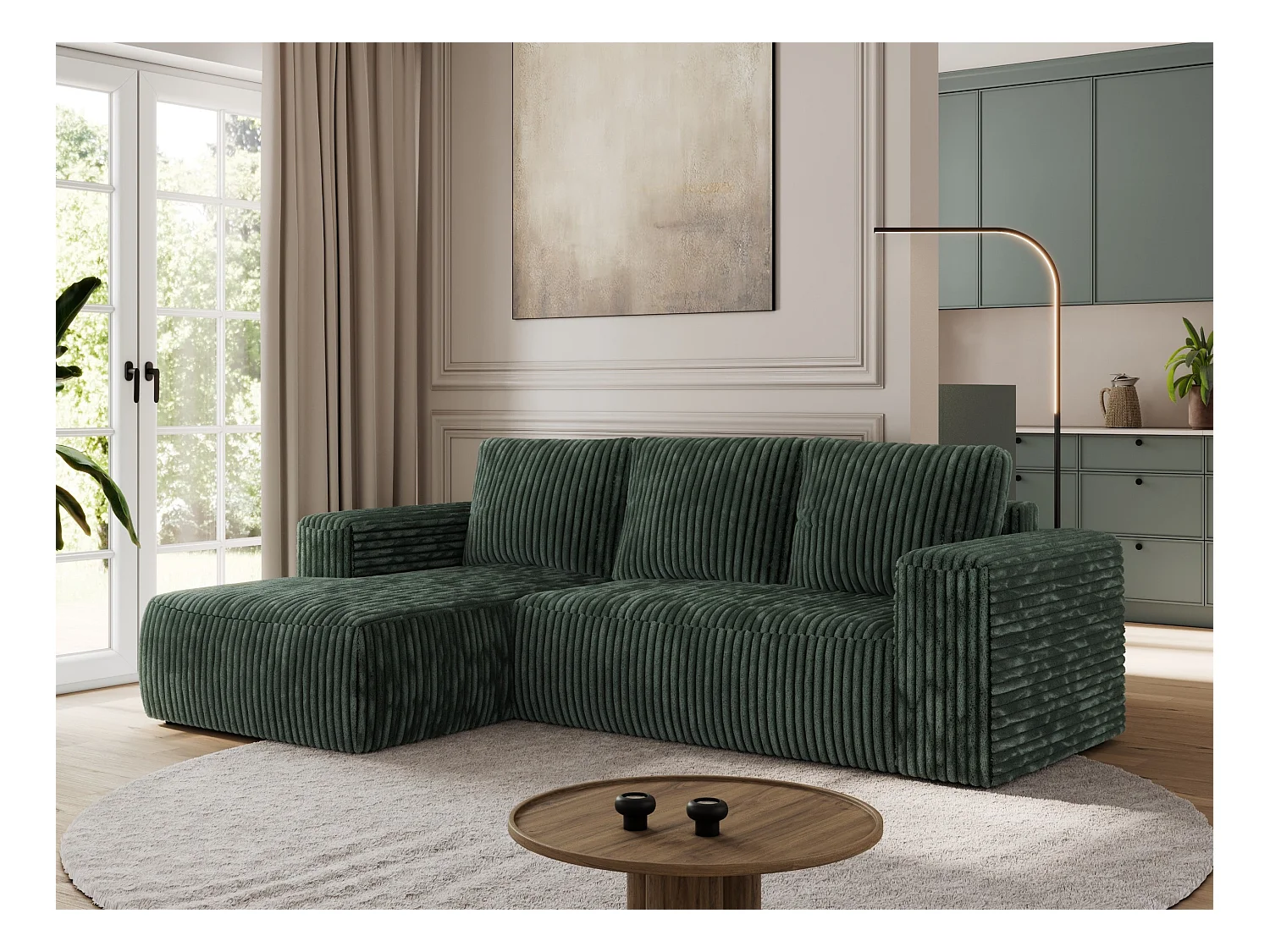 Ecksofa TRENTINO - mit Schlaffunktion und Bettkasten, L-form Couch, lose Kissen und Armlehnen - Grün Cord - Ecke Links