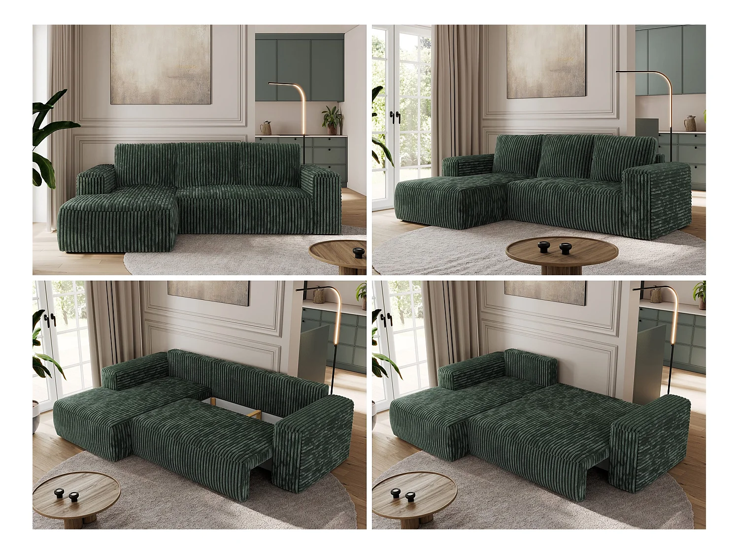 Ecksofa TRENTINO - mit Schlaffunktion und Bettkasten, L-form Couch, lose Kissen und Armlehnen - Grün Cord - Ecke Links
