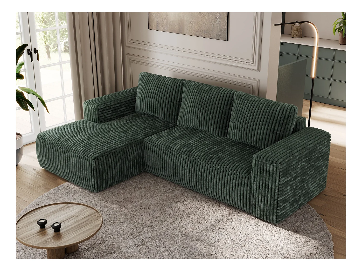 Ecksofa TRENTINO - mit Schlaffunktion und Bettkasten, L-form Couch, lose Kissen und Armlehnen - Grün Cord - Ecke Links