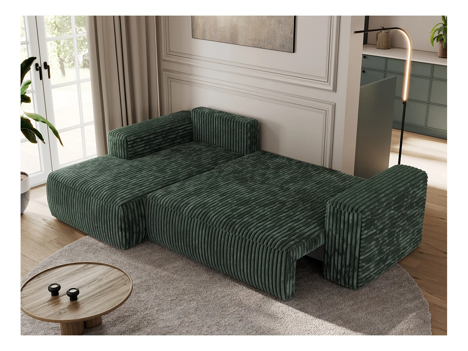 Ecksofa TRENTINO - mit Schlaffunktion und Bettkasten, L-form Couch, lose Kissen und Armlehnen - Grün Cord - Ecke Links