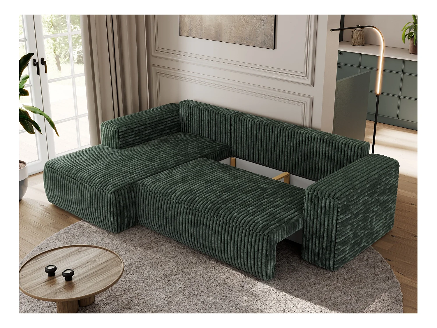 Ecksofa TRENTINO - mit Schlaffunktion und Bettkasten, L-form Couch, lose Kissen und Armlehnen - Grün Cord - Ecke Links