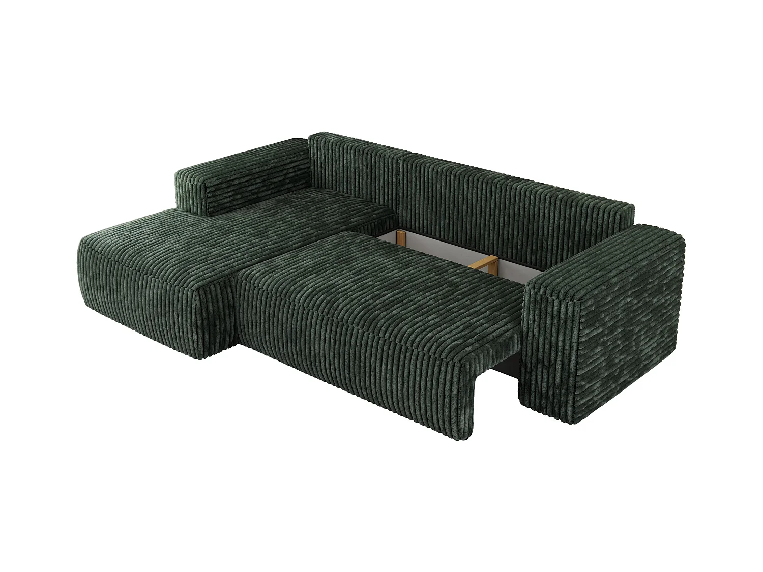 Ecksofa TRENTINO - mit Schlaffunktion und Bettkasten, L-form Couch, lose Kissen und Armlehnen - Grün Cord - Ecke Links