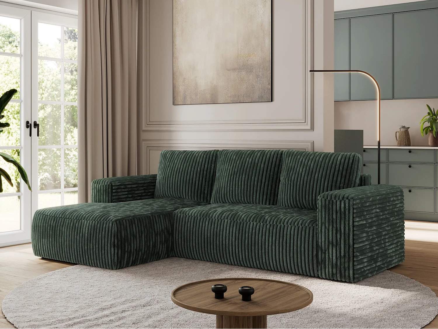 Ecksofa TRENTINO - mit Schlaffunktion und Bettkasten, L-form Couch, lose Kissen und Armlehnen - Grün Cord - Ecke Links