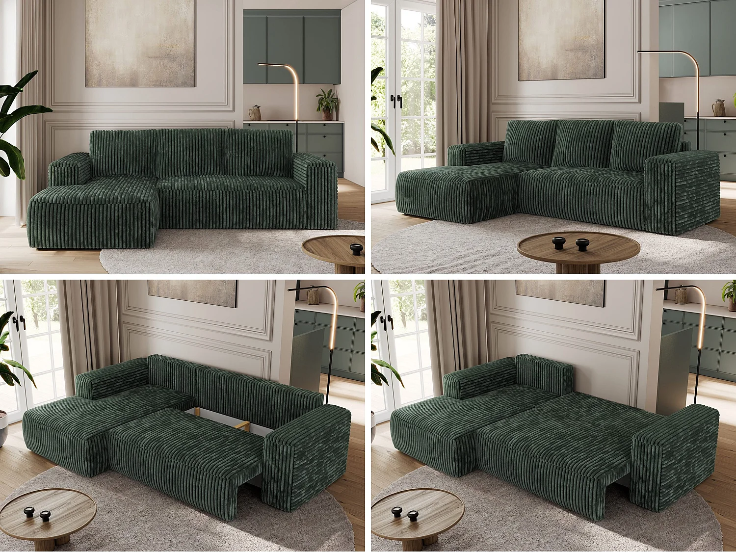 Ecksofa TRENTINO - mit Schlaffunktion und Bettkasten, L-form Couch, lose Kissen und Armlehnen - Grün Cord - Ecke Links